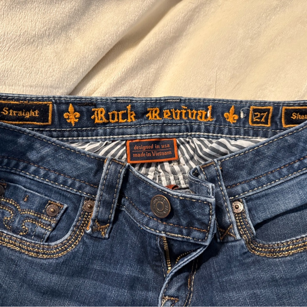 Rock Revival Indigo Jeans with Gold Stitching